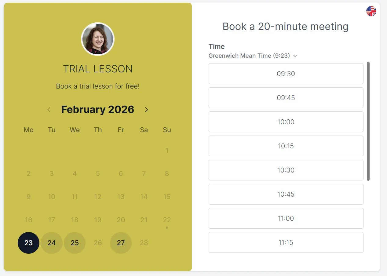 Snímek obrazovky rezervace lekce